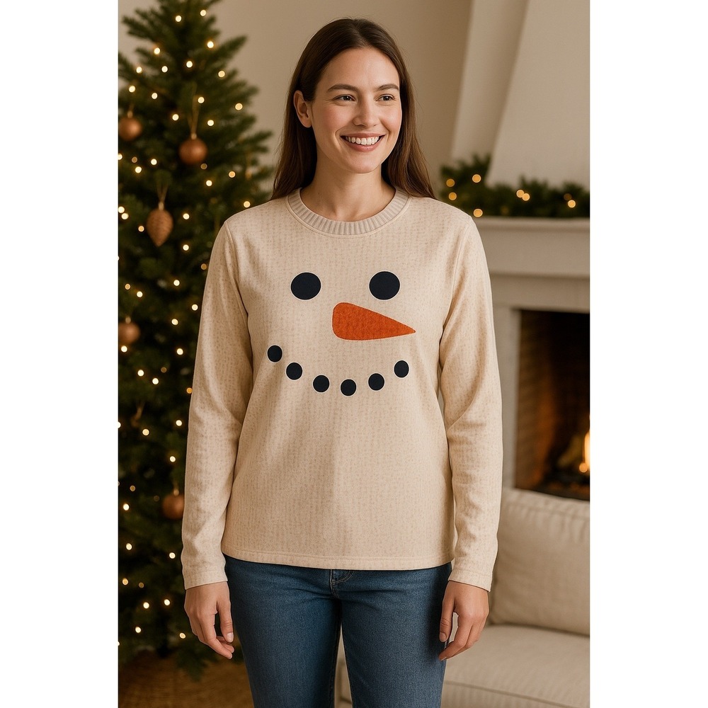 Exclusive Snowman Face Long Sleeve Shirt Women's M Beige Knit‎ Print Holiday Top